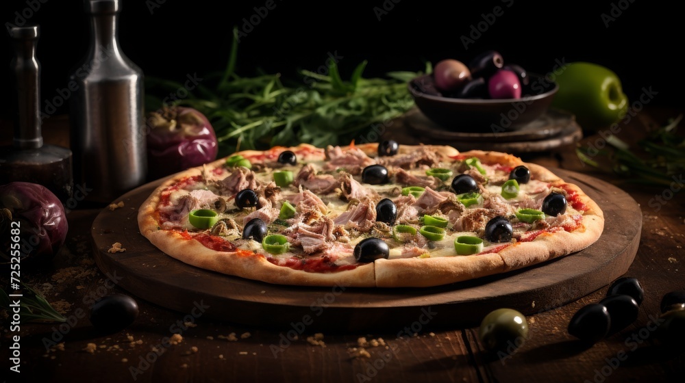 Tuna olive pizza, food photography, 16:9