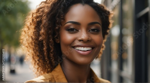 Close up portrait of a professional business black african woman smiling outdoor from Generative AI