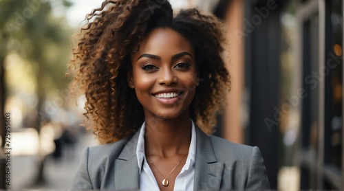 Close up portrait of a professional business black african woman smiling outdoor from Generative AI