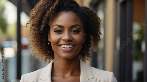 Close up portrait of a professional business black african woman smiling outdoor from Generative AI