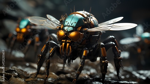 A swarm of AI-controlled robotic insects, resembling miniature drones, infiltrating enemy territory to gather intel without being detected