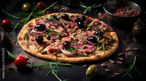 Tuna olive pizza, food photography, 16:9