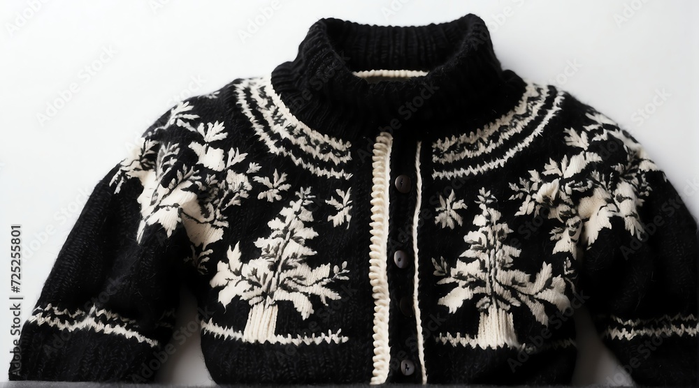 Black knitted Christmas winter holiday ornated sweater clothes knitwear on white background from Generative AI Black knitted Christmas winter holiday ornated sweater clothes knitwear on white background from Generative AI