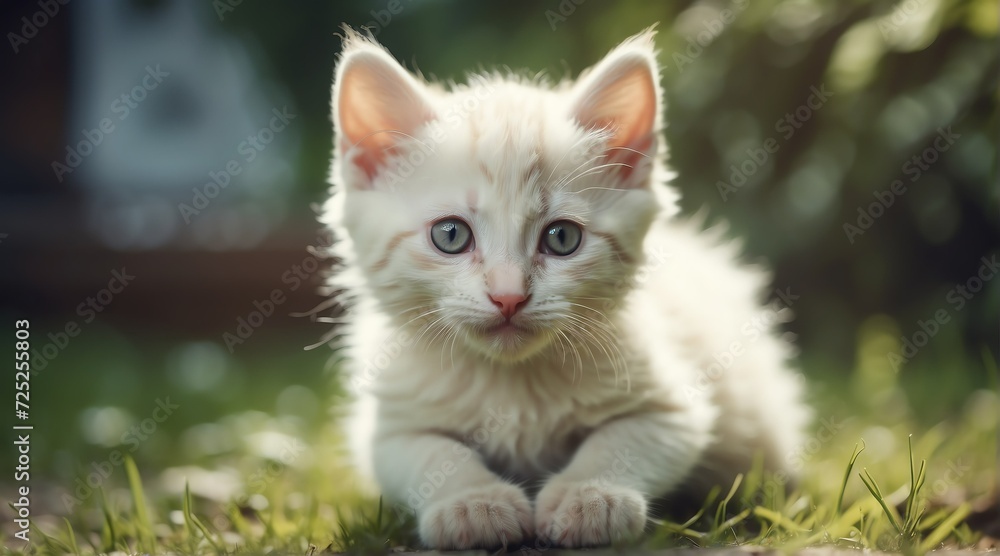 Young cute white kitten playing on the grass from Generative AI