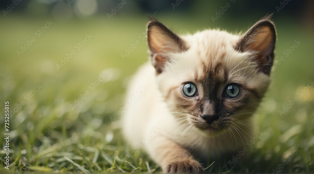 Young cute siamese kitten playing on the grass from Generative AI