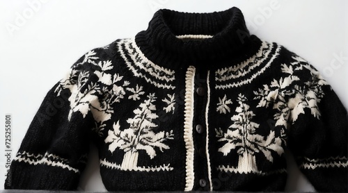 Black knitted Christmas winter holiday ornated sweater clothes knitwear on white background from Generative AI