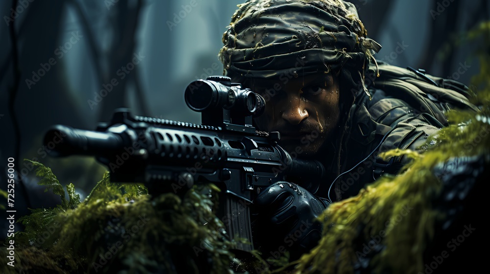 Camouflaged sniper hidden in a dense forest, observing a distant target through a scope