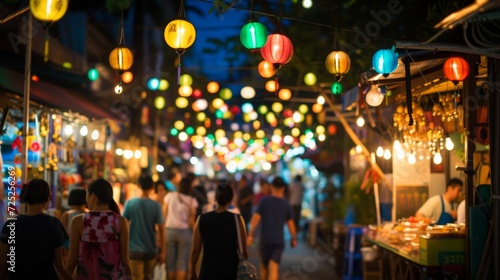 Image of a lively summer street fair, with colorful booths, food vendors, and people strolling. Street scene, booths in focus, festive and bustling atmosphere,