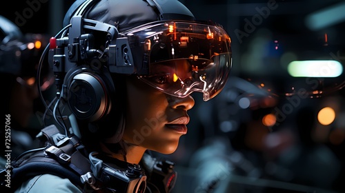 Close-up of a military pilot donning a high-tech helmet with augmented reality display © AI