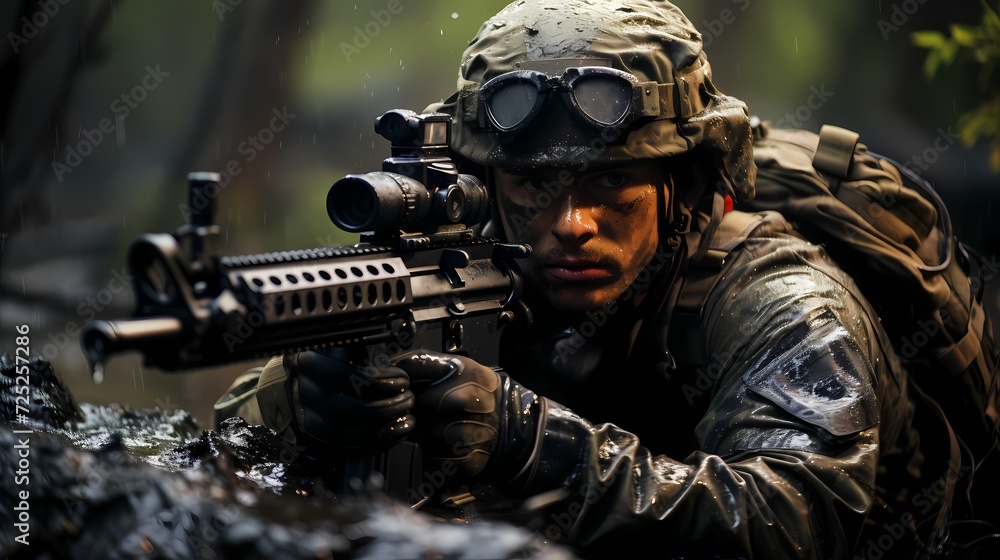 Close-up of a military sniper taking aim from a concealed position, highlighting precision marksmanship