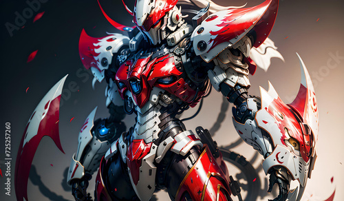 Anime mecha standing facing sideways with a dynamic angle pose, dark background. Cool anime mecha for wallpaper. Futuristic photo