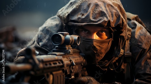 Close-up of a military sniper taking aim from a concealed position, highlighting precision marksmanship photo