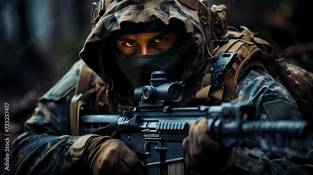 Close-up of a military sniper taking aim from a concealed position, highlighting precision marksmanship Close-up of a military sniper taking aim from a concealed position, highlighting precision marksmanship