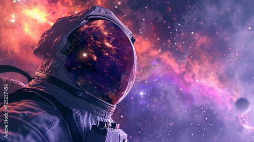 An astronaut in close-up in space  with the glaring grandeur of the galaxy in the background