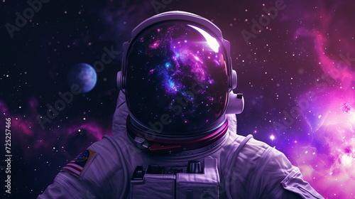 An astronaut in close-up in space, with the glaring grandeur of the galaxy in the background
