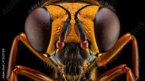 Close-up of the head of a hornet on a black background. Macro concepts of the world.