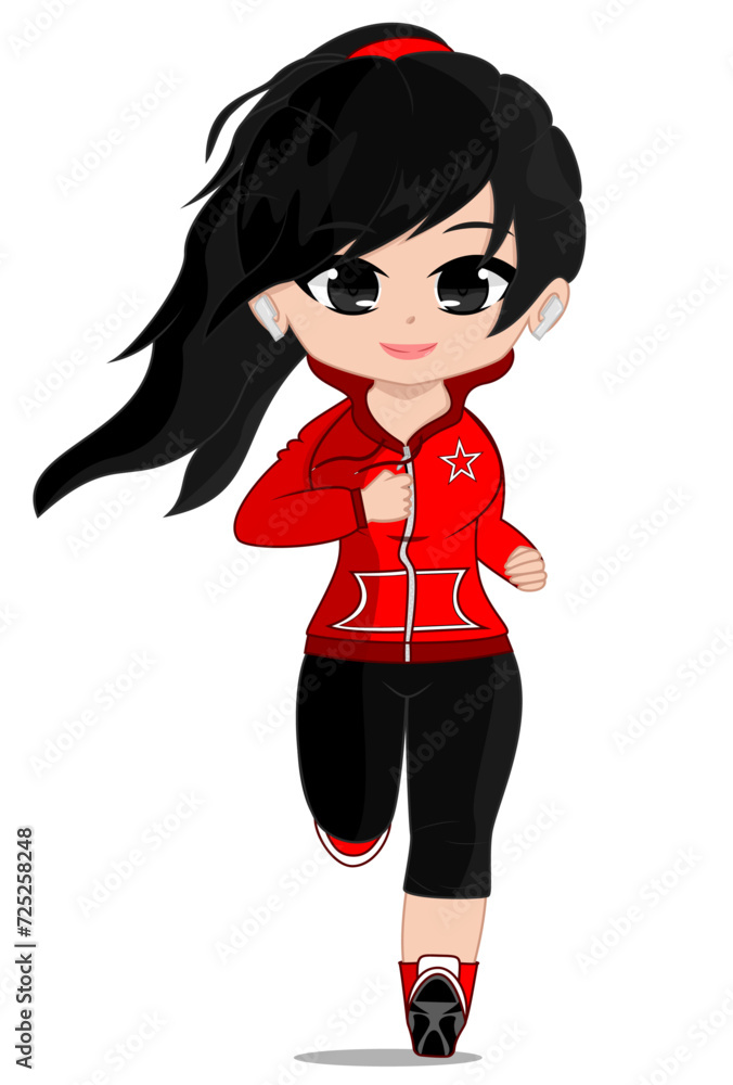 Girl Jogging in Red Hoodie with Air Pods - Front View Vector Illustration Girl Jogging in Red Hoodie with Air Pods - Front View Vector Illustration