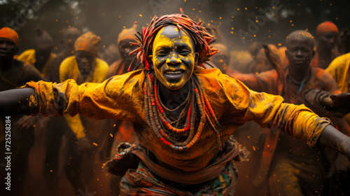 This visual narrative portrays a vibrant tribal festival in Africa. The photograph encapsulates the essence of the celebration--the colorful traditional attire, energetic dances, and communal spirit.  photo