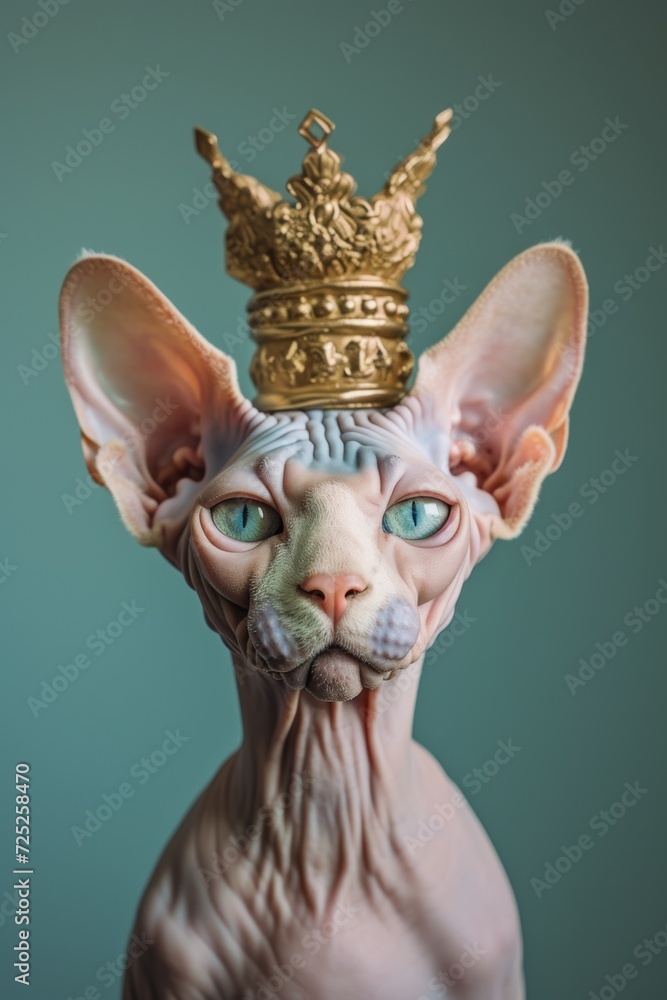 A Sphinx cat with captivating green eyes wears a golden crown, against a simple grey background. A Sphinx cat with captivating green eyes wears a golden crown, against a simple grey background.