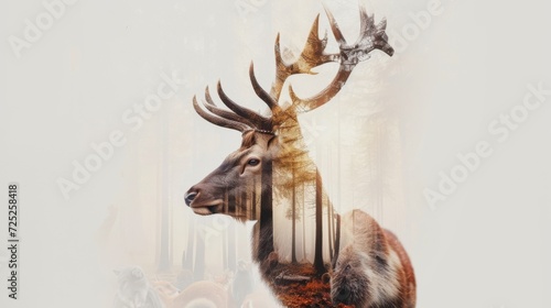 Double exposure of a deer in forest scenery, artistic concept, world wildlife day