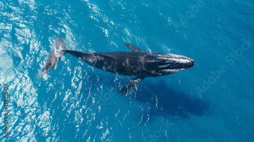 Humpback whale in clear blue ocean  aerial view.