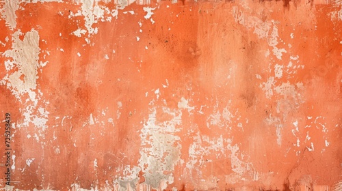 Weathered, textured terracotta orange wall with peeling paint and a gritty surface, evoking a sense of decay.