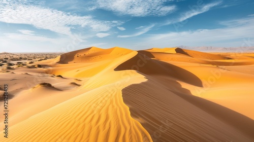 Sweeping dunes of the desert under a clear sky, with golden sands creating a patterned texture.