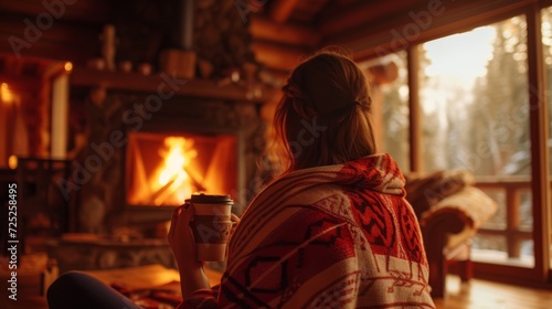 A woman wrapped in a warm blanket with a coffee by a snowy window with a fireplace glow, winter getaway