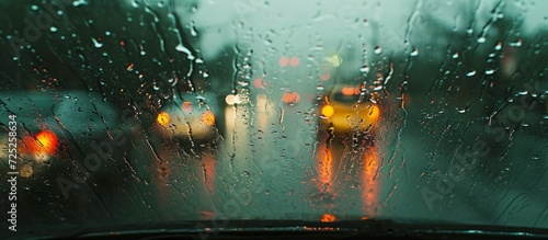 The sight from a car's wet windshield in heavy rain.