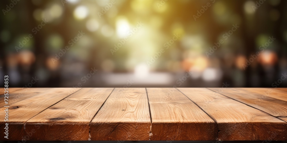Table made of wood on attractive bokeh backdrop Table made of wood on attractive bokeh backdrop