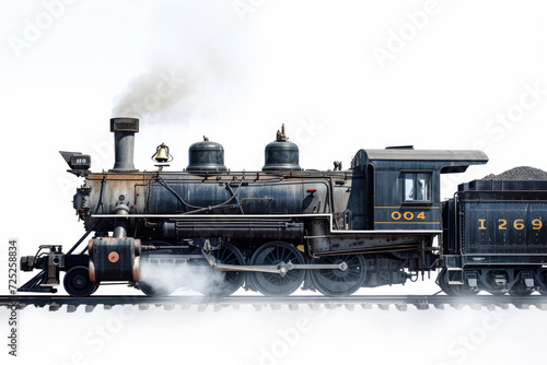 A vintage steam locomotive captured in isolation against a pristine white backdrop