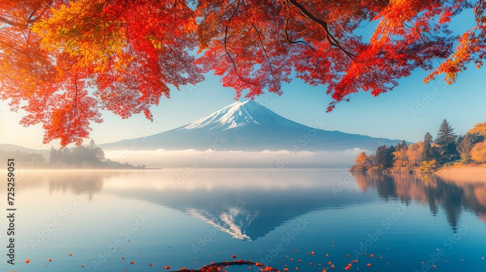 An autumnal photograph taken under a tree shows a natural panorama that stretches from the lake to the snow-capped mountains.