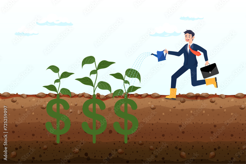 Happy businessman investor holding watering can to watering grow sprout seedling he plant from dollar sign, dividend investment, prosperity and economic growth or saving and business profit (Vector) Happy businessman investor holding watering can to watering grow sprout seedling he plant from dollar sign, dividend investment, prosperity and economic growth or saving and business profit (Vector)
