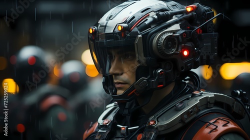 Close-up of a soldier wearing futuristic combat armor with integrated technology