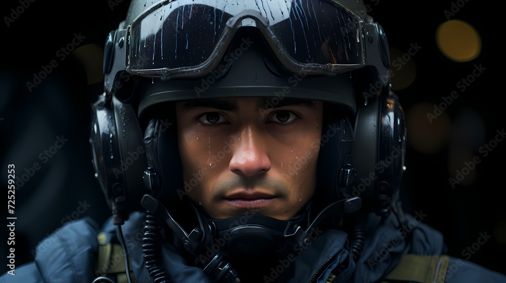 Close-up shot of a fighter jet pilot with a helmet visor down, preparing for a high-stakes mission