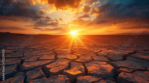 stunning sunset over a backdrop of a desert area with fissured earth.