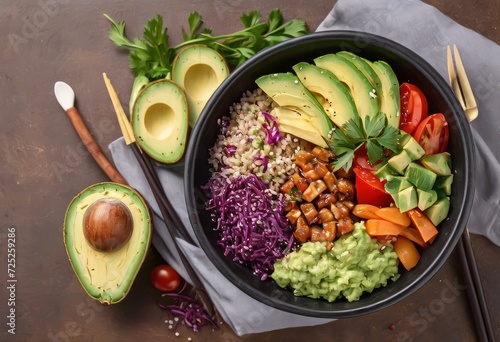 Healthy salad bowl with quinoa, tomatoes, chicken, avocado, lime and mixed greens, lettuce, parsley on wooden background top view. Food and health.