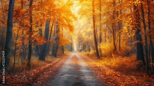 A scene of an autumn woodland with a road covered in falling leaves and golden greenery illuminated by warm light.