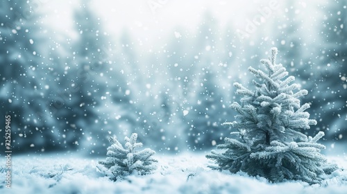 A wintry scene in a snow-covered woodland. Christmas background featuring fir trees and a wintery blurry background.  © xelilinatiq