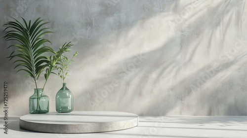 Green glass vase with plants, podium stage background, and white, textured wall of empty concrete