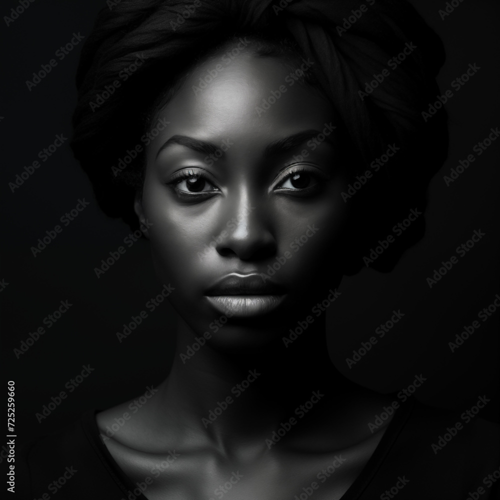 Black and white portrait of a black woman on a dark background.