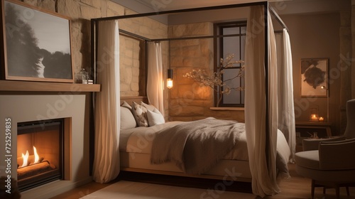  a bedroom with three poster canopy to sleep in with a stone fireplace and wall, in the style of tamron 24mm f/2.8 di iii osd m1:2, industrial elegance, soft lighting, reflections and mirroring,  photo