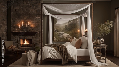bedroom design ideas for the upcoming holiday season, in the style of layered and atmospheric landscapes, hudson river school, romantic illustration, whistlerian, photorealistic representation photo