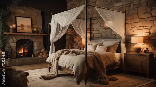 a bedroom with a stone fireplace and canopy bed, in the style of romantic atmosphere, moody atmosphere, soft, romantic scenes, gauzy atmospheric landscapes, timber frame construction photo