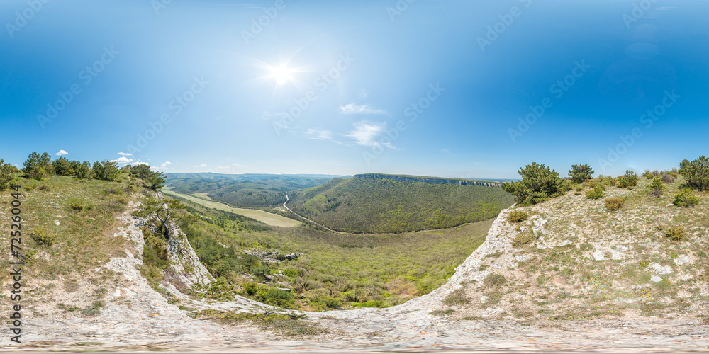 Wide panoramic view on mountain landscape with lush green hills under clear blue sky, tranquil natural beauty, perfect for outdoor enthusiasts. Seamless 360 degree spherical equirectangular panorama.