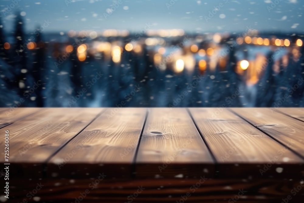 The empty wooden table top with blur background of winter in Finland. Exuberant image. generative AI