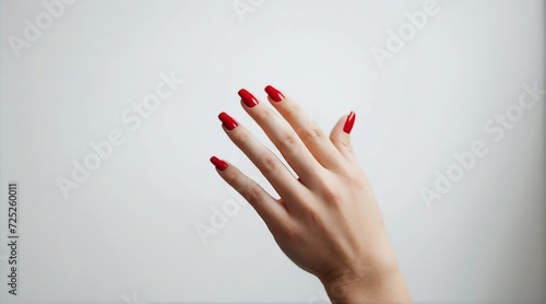 Smooth female hand with red nails on plain white background from Generative AI