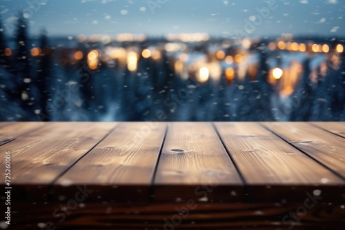 The empty wooden table top with blur background of winter in Finland. Exuberant image. generative AI