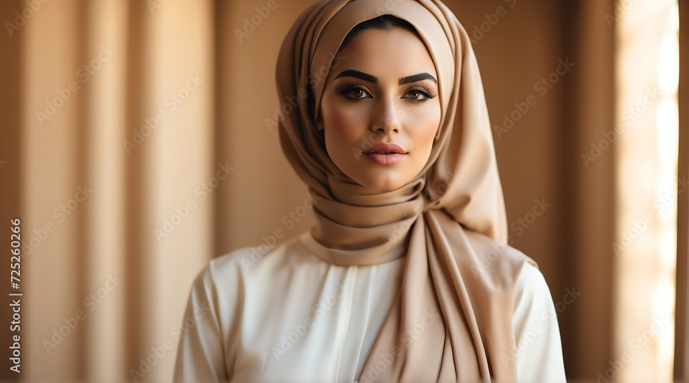 Portrait of beautiful elegant sensual arab muslim woman wearing white dress plain on beige background from Generative AI