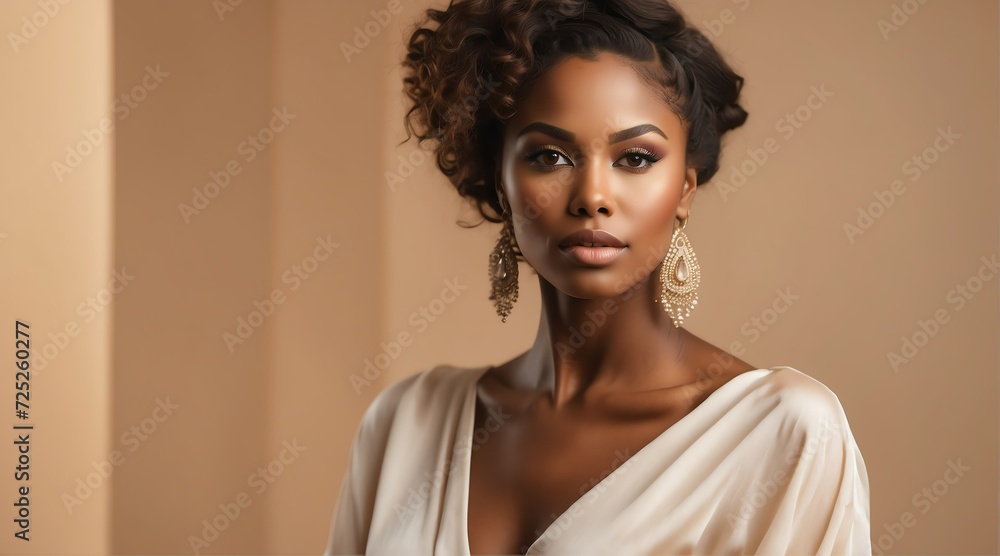 Portrait of beautiful elegant sensual african woman wearing white dress plain on beige background from Generative AI Portrait of beautiful elegant sensual african woman wearing white dress plain on beige background from Generative AI